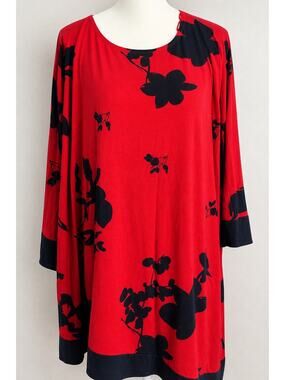 Ulla Popken Plus Size Tunic Blouse 24/26 Red Navy Floral 3/4 Sleeve